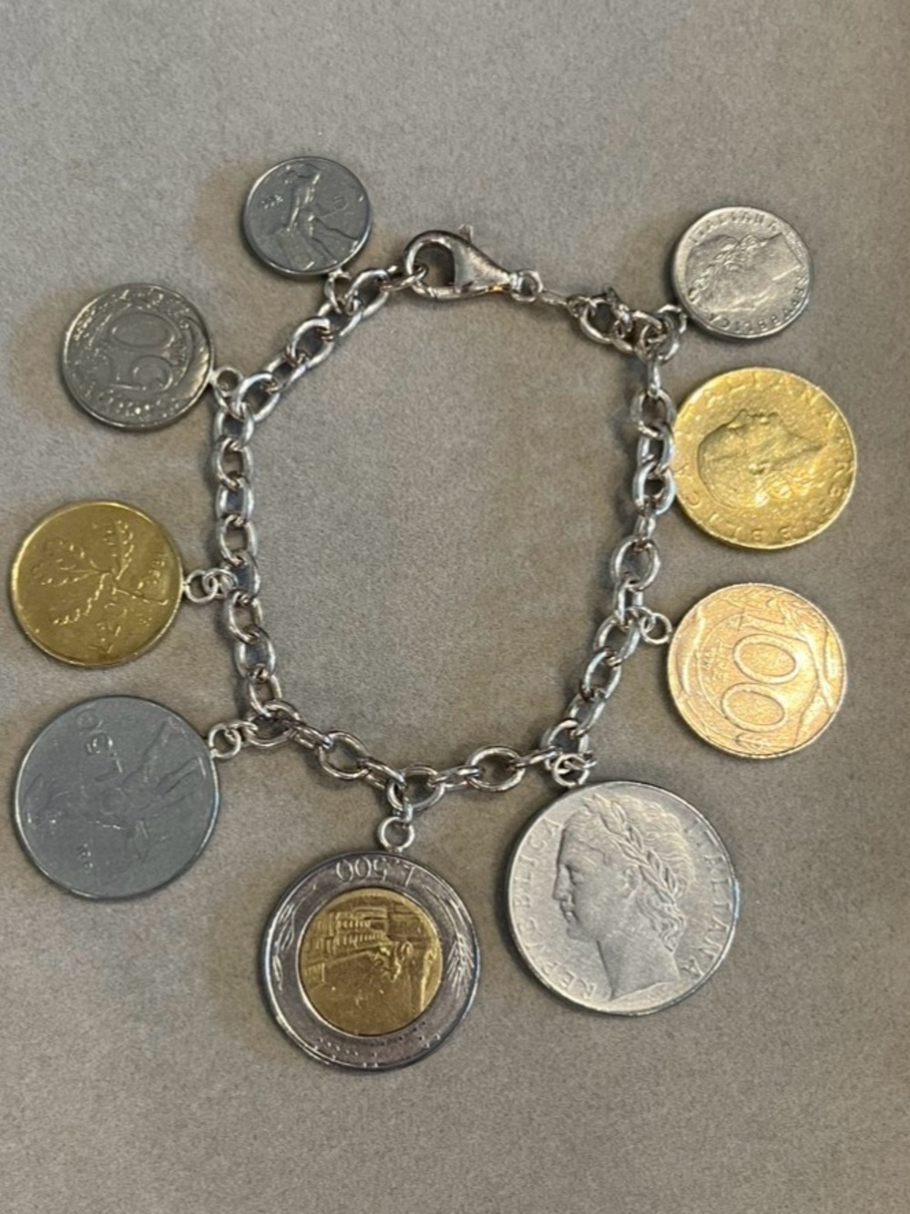 14k Gold and Silver Italian Lira Coin Charm Bracelet 8” - Picture 7 of 8